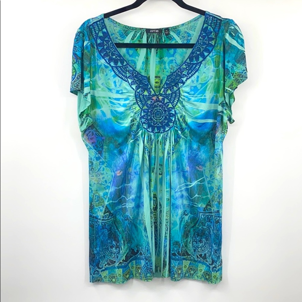Apt. 9 Boho Embroidered Blouse Green Blue XL